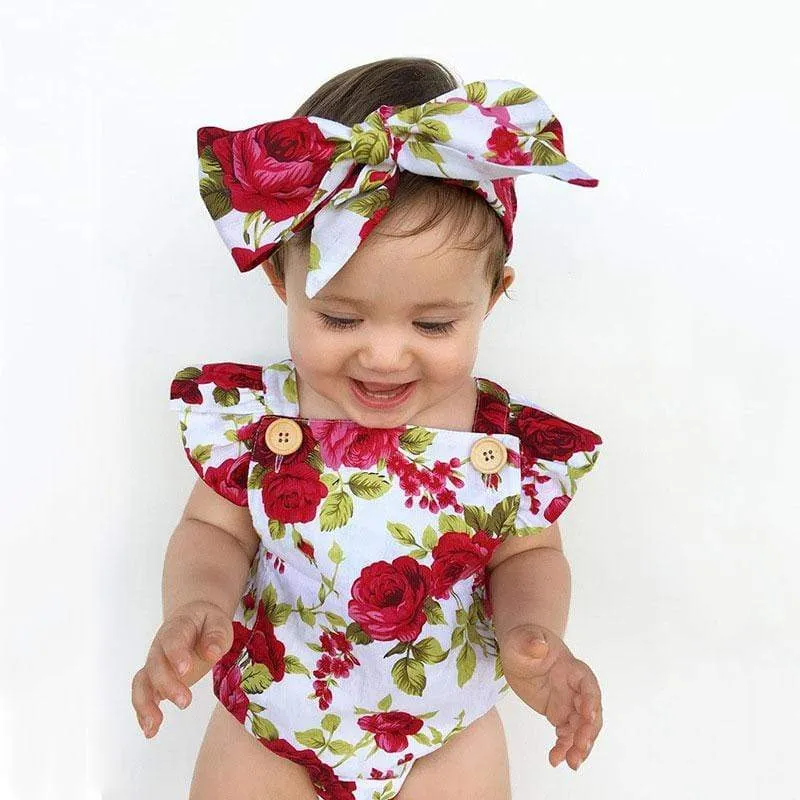 Newbabywish Baby Girls Flower Bodysuit + Headband