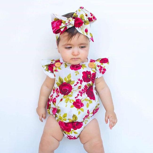 Newbabywish Baby Girls Flower Bodysuit + Headband