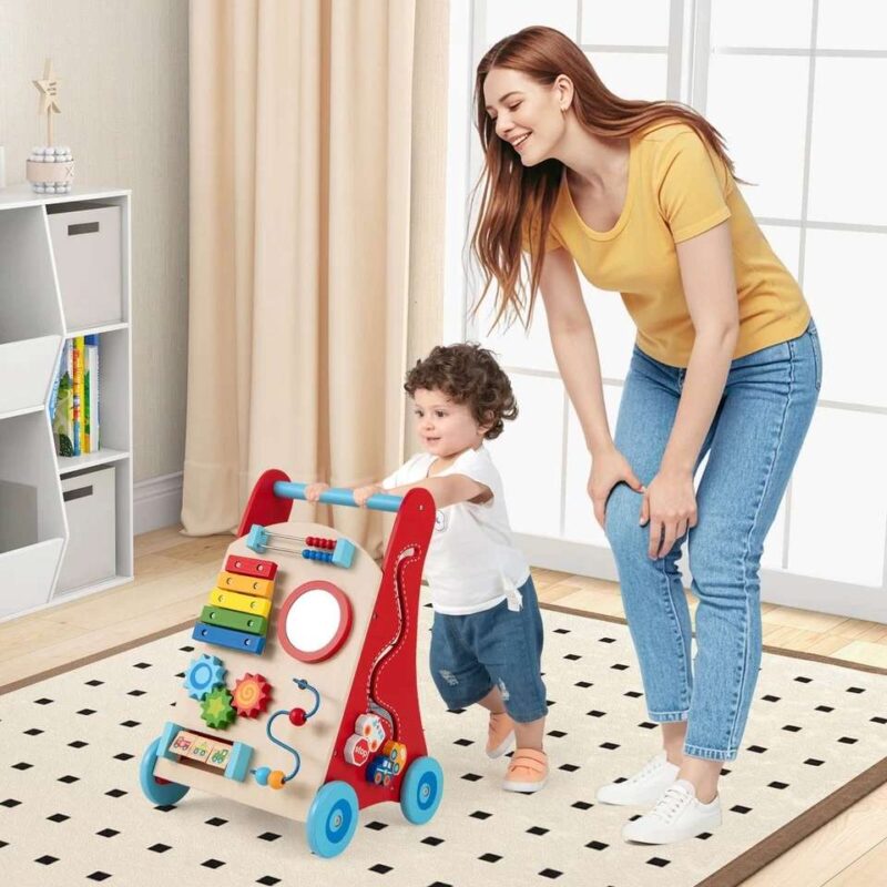 Adjustable Wooden Baby Walker Multiple Baby Push Walker with Activity Toys - Image 8