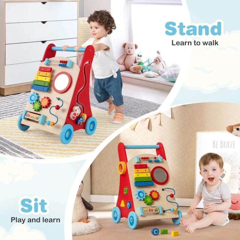 Adjustable Wooden Baby Walker Multiple Baby Push Walker with Activity Toys - Image 4