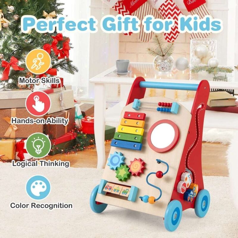 Adjustable Wooden Baby Walker Multiple Baby Push Walker with Activity Toys - Image 3