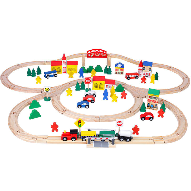 100 Pcs Wooden Train Tracks Sets Multicolor Wooden Toy Train