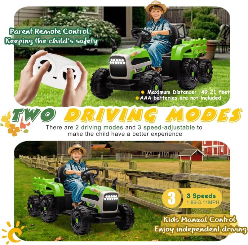 24V Kids Remote Control Ride On Tractor with Trailer Loader - Image 3