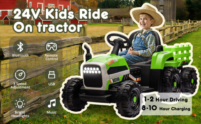 24V Kids Remote Control Ride On Tractor With Trailer Loader