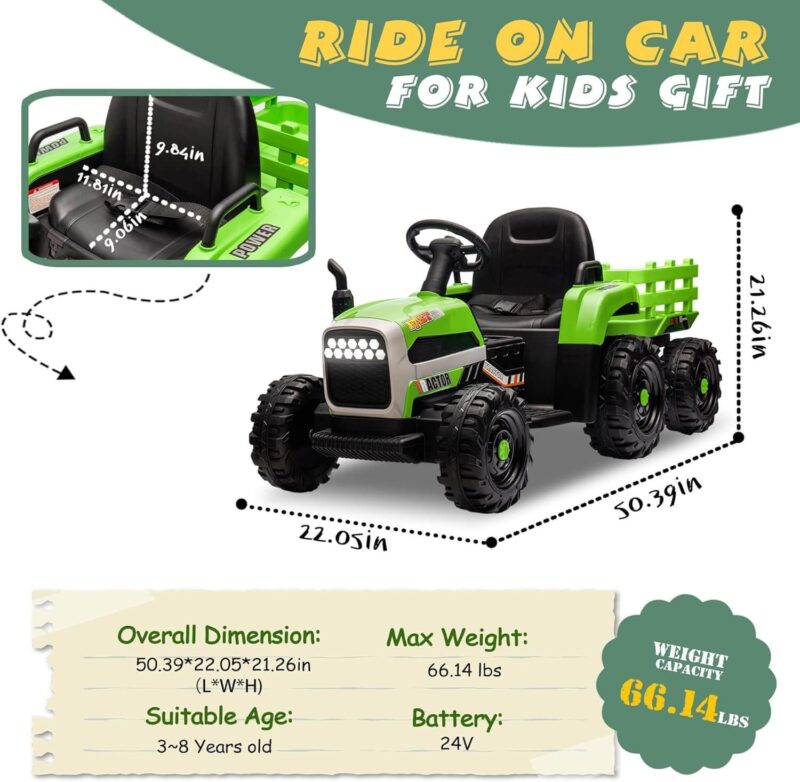 24V Kids Remote Control Ride On Tractor with Trailer Loader - Image 7