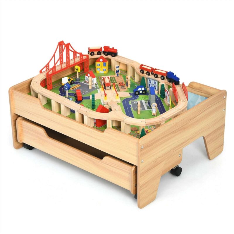 100 Pieces Wooden Train Set Table with Storage Drawer