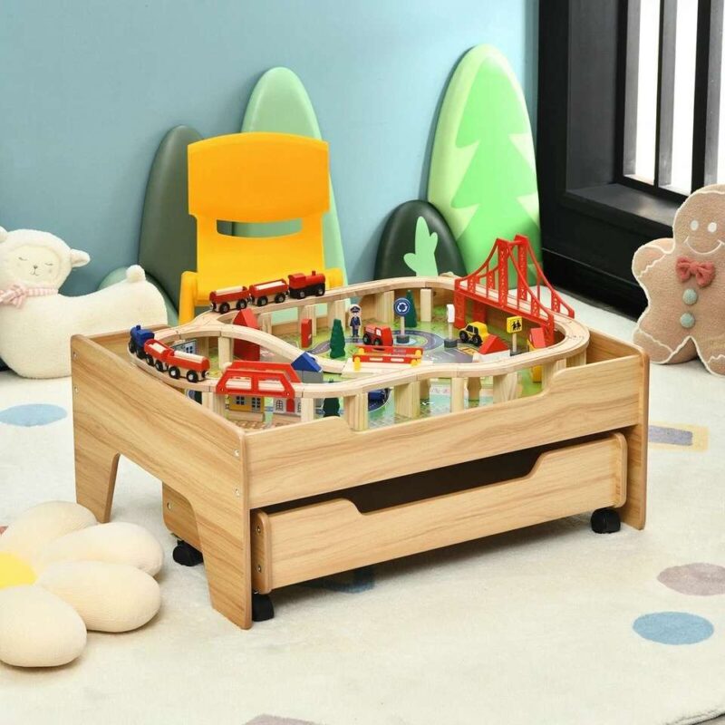 100 Pieces Wooden Train Set Table with Storage Drawer - Image 2