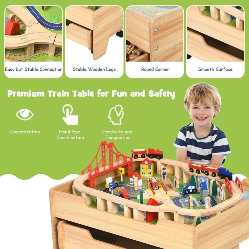 100 Pieces Wooden Train Set Table with Storage Drawer - Image 4