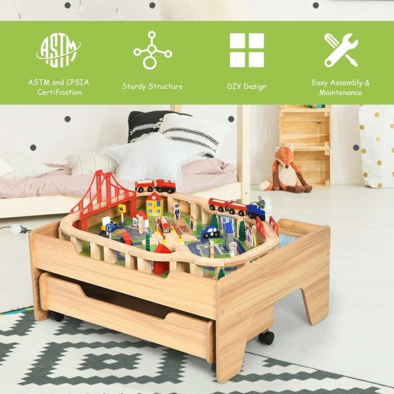 100 Pieces Wooden Train Set Table with Storage Drawer - Image 7