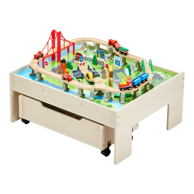 100 Pieces Wooden Train Set Table with Storage Drawer